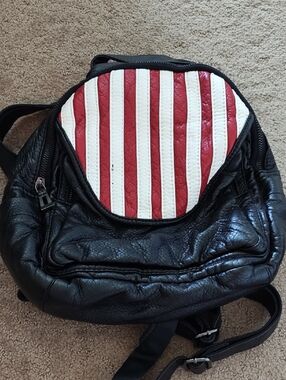 Black Leather Backpack with Red & White Striped Front